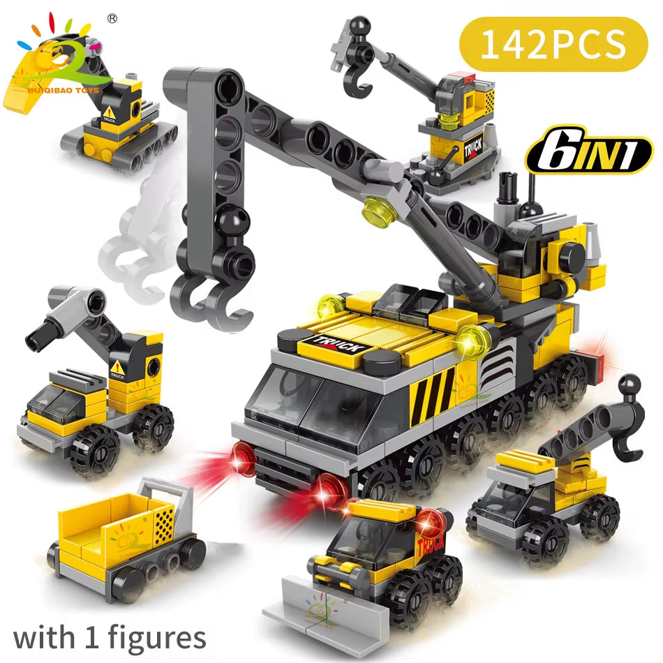 HUIQIBAO 6IN1 City Fire Car Police Truck Engineering Crane Building Blocks Tank Helicopter Bricks Set Toys for Children Kids