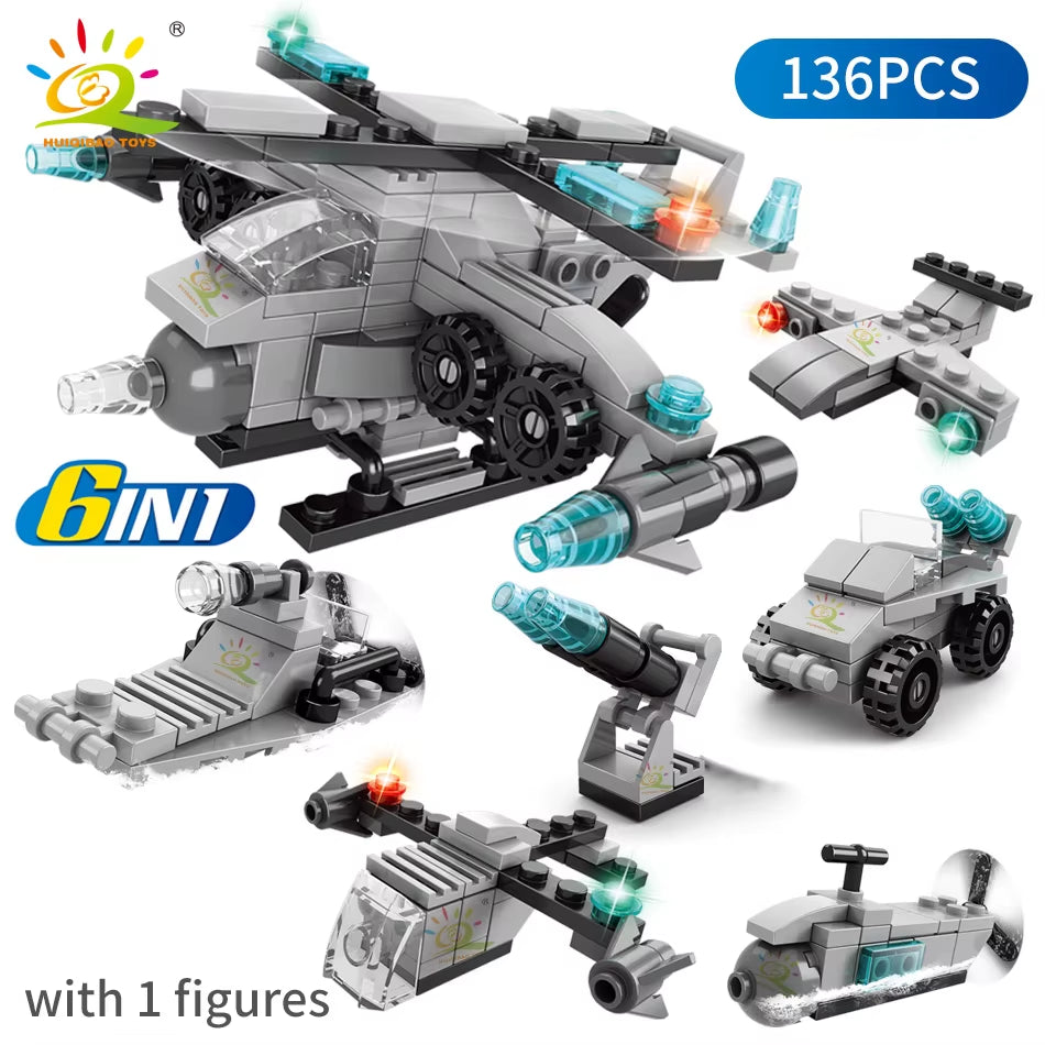 HUIQIBAO 6IN1 City Fire Car Police Truck Engineering Crane Building Blocks Tank Helicopter Bricks Set Toys for Children Kids