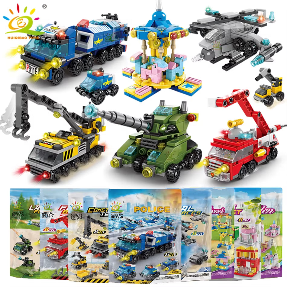 HUIQIBAO 6IN1 City Fire Car Police Truck Engineering Crane Building Blocks Tank Helicopter Bricks Set Toys for Children Kids