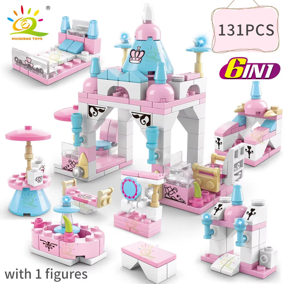 HUIQIBAO 6IN1 City Fire Car Police Truck Engineering Crane Building Blocks Tank Helicopter Bricks Set Toys for Children Kids