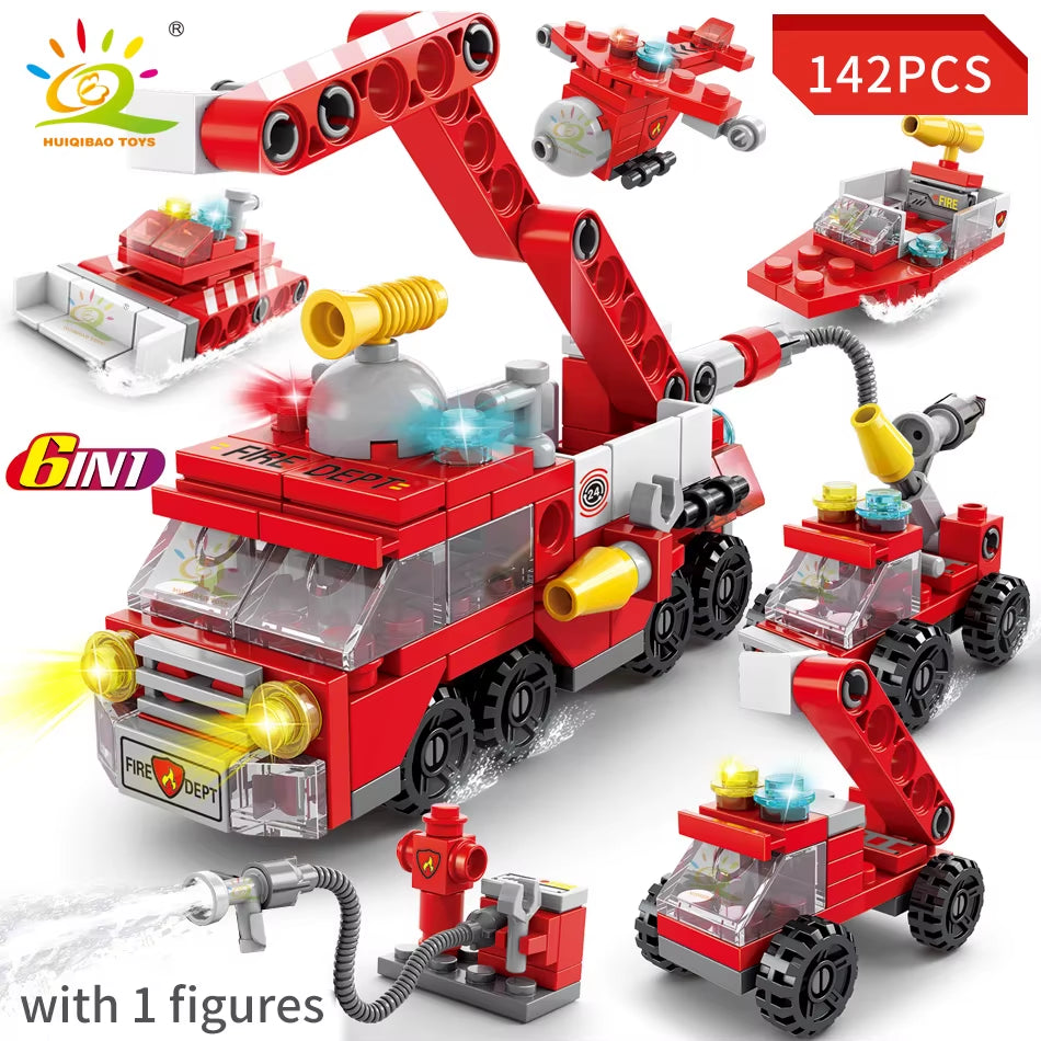 HUIQIBAO 6IN1 City Fire Car Police Truck Engineering Crane Building Blocks Tank Helicopter Bricks Set Toys for Children Kids