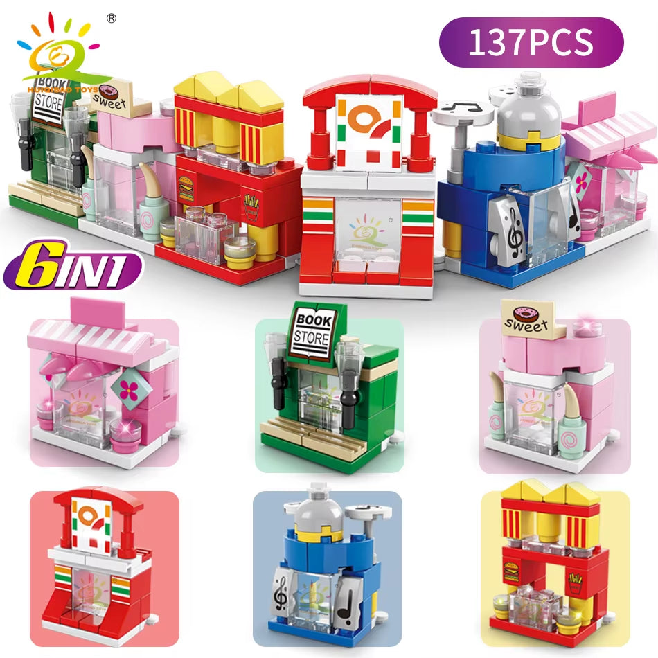 HUIQIBAO 6IN1 City Fire Car Police Truck Engineering Crane Building Blocks Tank Helicopter Bricks Set Toys for Children Kids