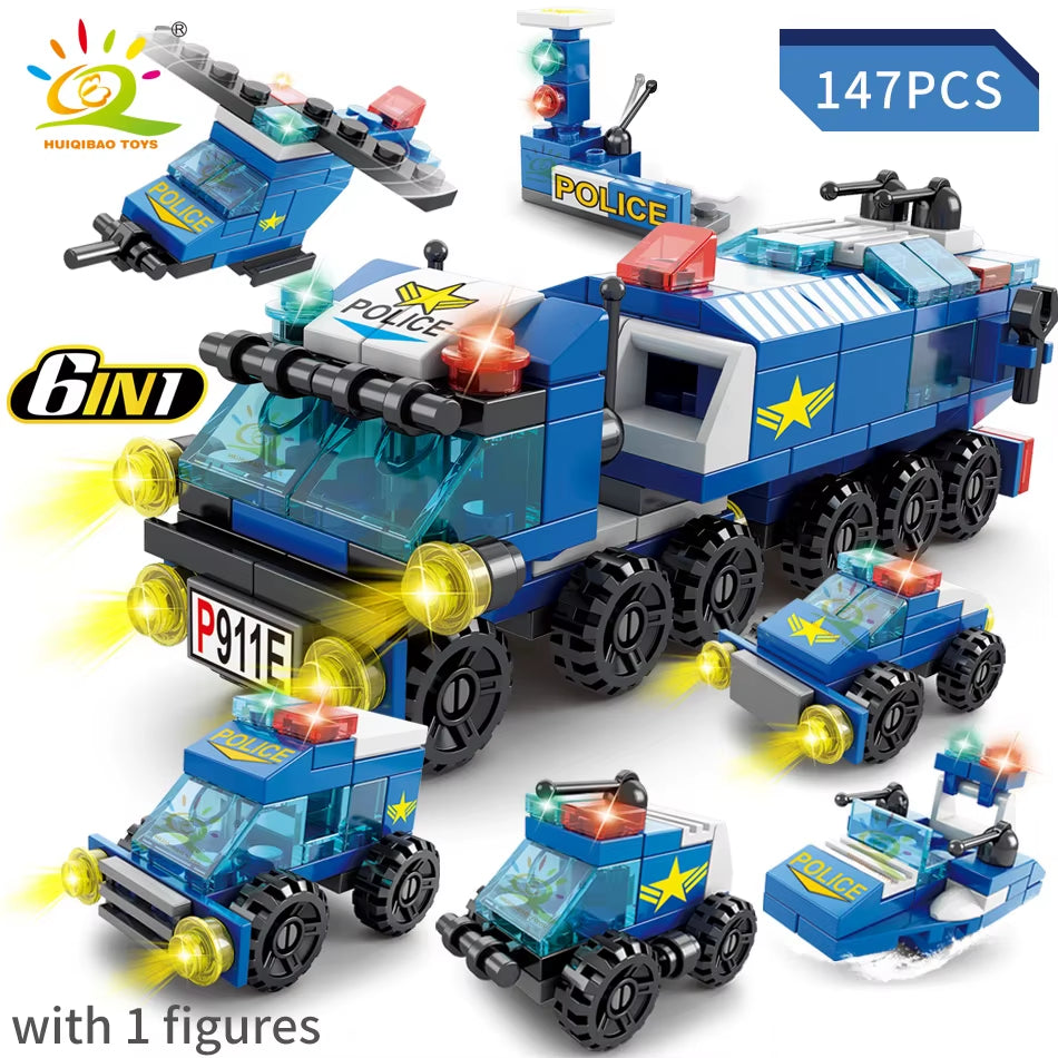 HUIQIBAO 6IN1 City Fire Car Police Truck Engineering Crane Building Blocks Tank Helicopter Bricks Set Toys for Children Kids