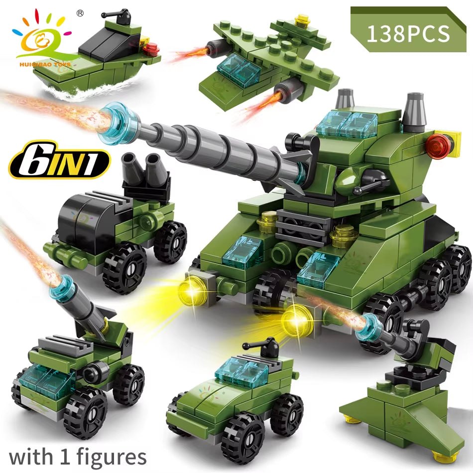 HUIQIBAO 6IN1 City Fire Car Police Truck Engineering Crane Building Blocks Tank Helicopter Bricks Set Toys for Children Kids